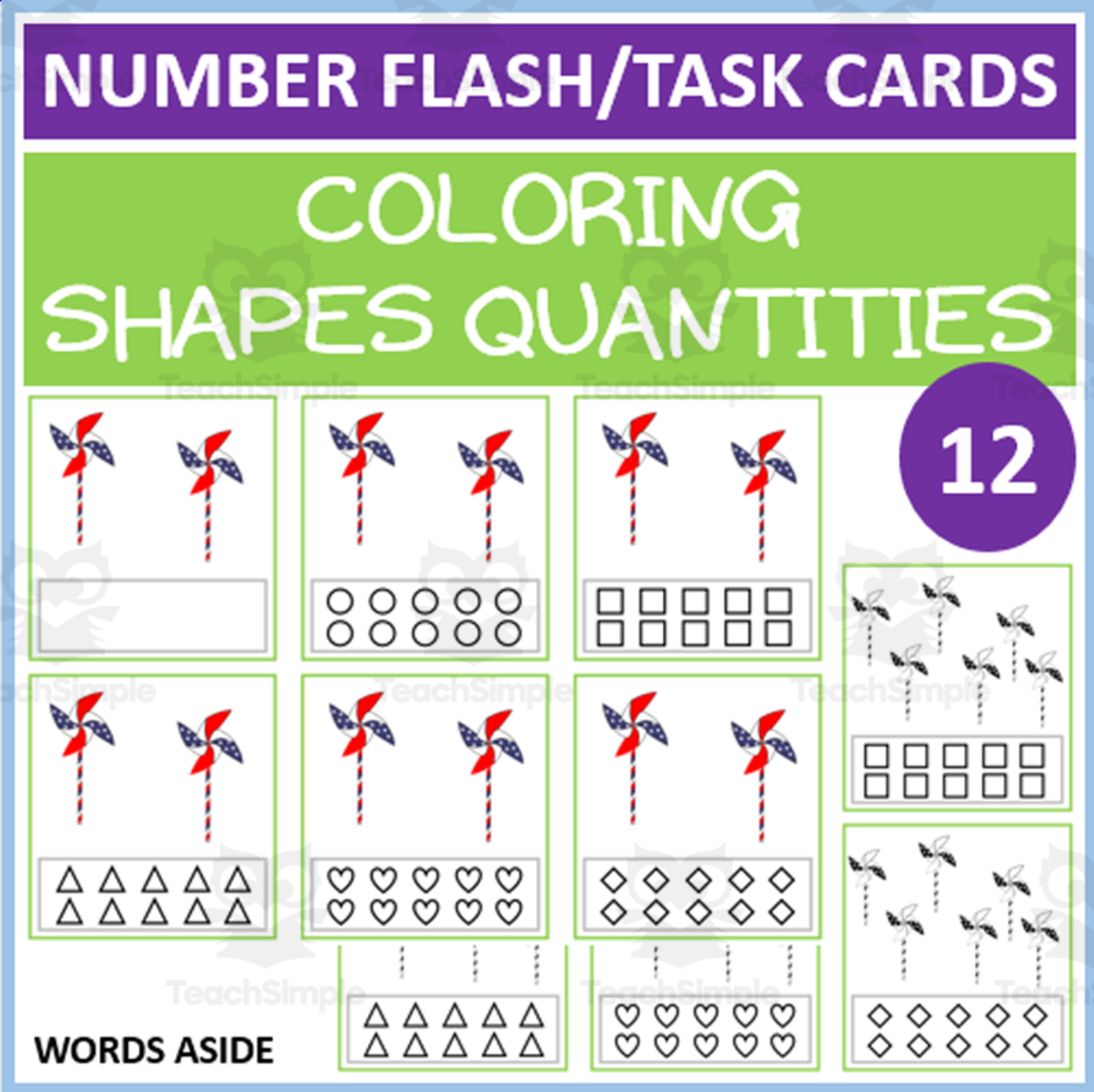 An educational teaching resource from WORDS ASIDE entitled COUNTING SHAPES COLORING TASK CARDS 12 downloadable at Teach Simple.