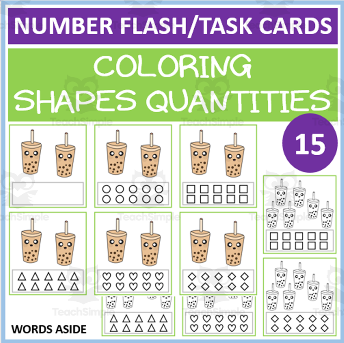 An educational teaching resource from WORDS ASIDE entitled COUNTING SHAPES COLORING TASK CARDS 15 downloadable at Teach Simple.