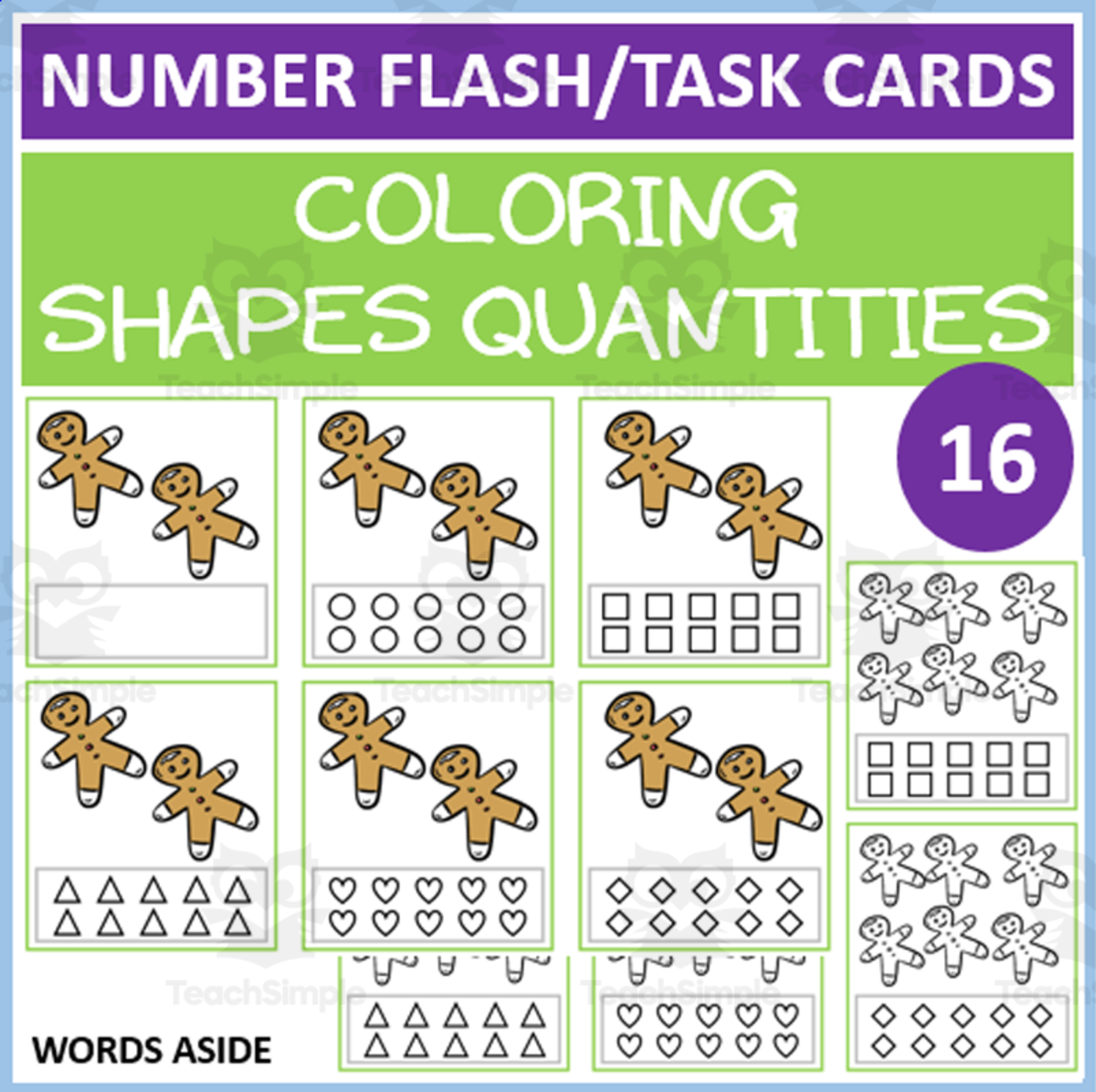 An educational teaching resource from WORDS ASIDE entitled COUNTING SHAPES COLORING TASK CARDS 16 downloadable at Teach Simple.