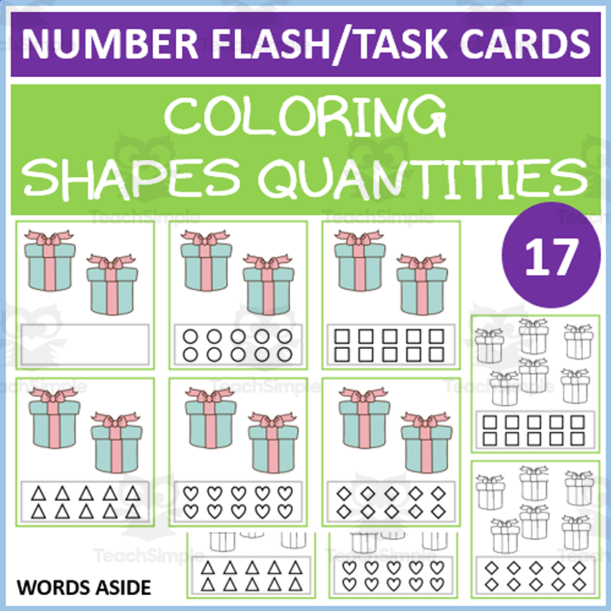 An educational teaching resource from WORDS ASIDE entitled COUNTING SHAPES COLORING TASK CARDS 17 downloadable at Teach Simple.