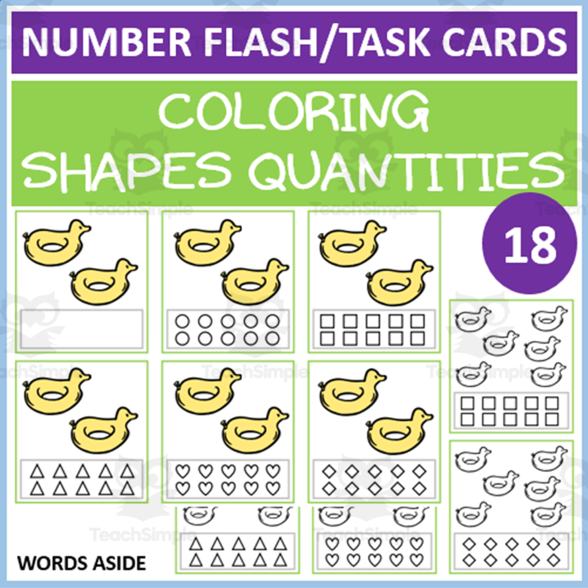 An educational teaching resource from WORDS ASIDE entitled COUNTING SHAPES COLORING TASK CARDS 18 downloadable at Teach Simple.