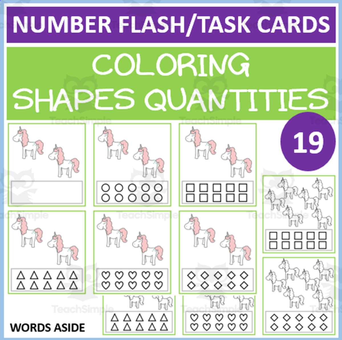 An educational teaching resource from WORDS ASIDE entitled COUNTING SHAPES COLORING TASK CARDS 19 downloadable at Teach Simple.
