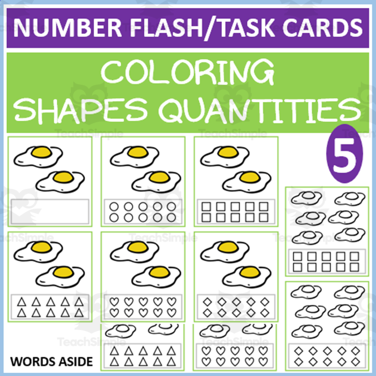 An educational teaching resource from WORDS ASIDE entitled COUNTING SHAPES COLORING TASK CARDS 5 downloadable at Teach Simple.