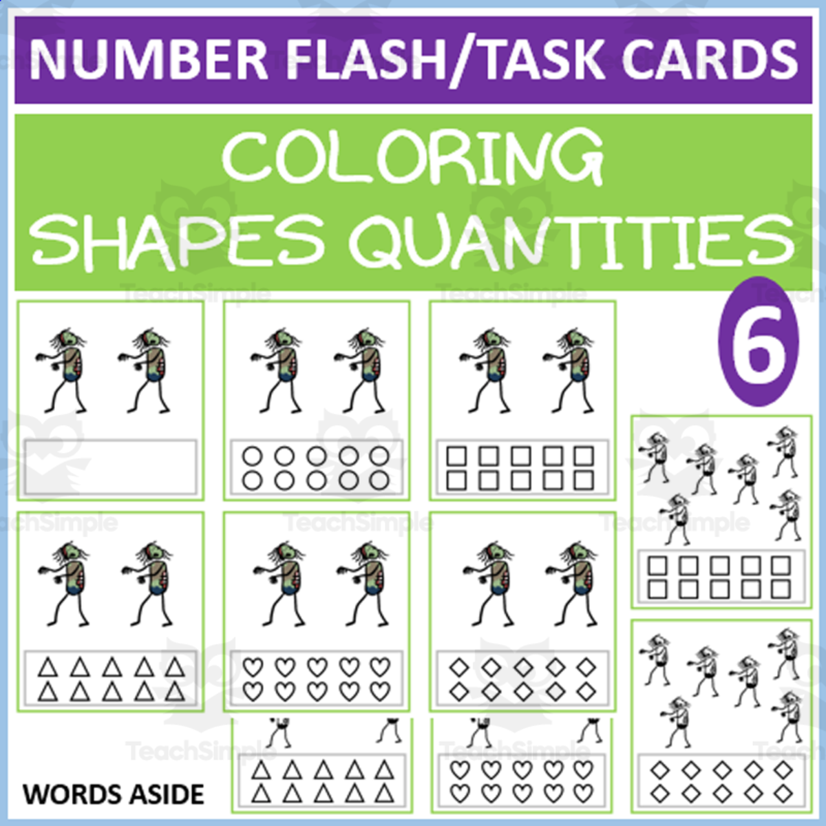 An educational teaching resource from WORDS ASIDE entitled COUNTING SHAPES COLORING TASK CARDS 6 downloadable at Teach Simple.
