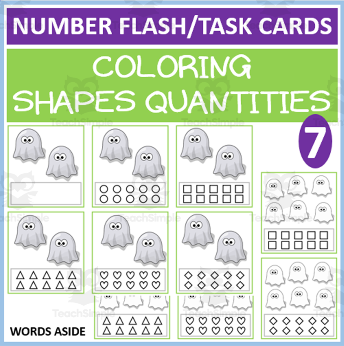 An educational teaching resource from WORDS ASIDE entitled COUNTING SHAPES COLORING TASK CARDS 7 downloadable at Teach Simple.