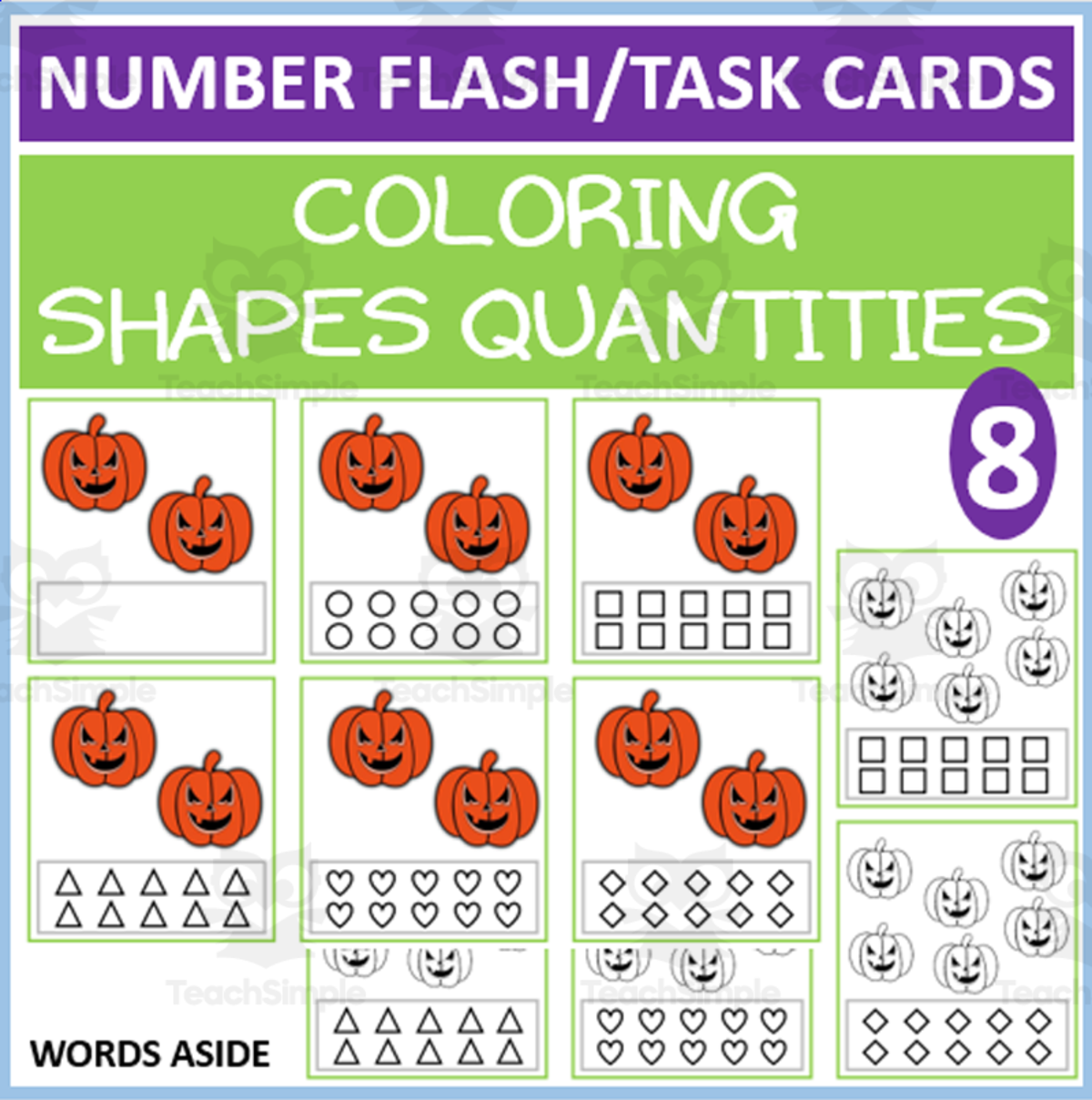 An educational teaching resource from WORDS ASIDE entitled COUNTING SHAPES COLORING TASK CARDS 8 downloadable at Teach Simple.