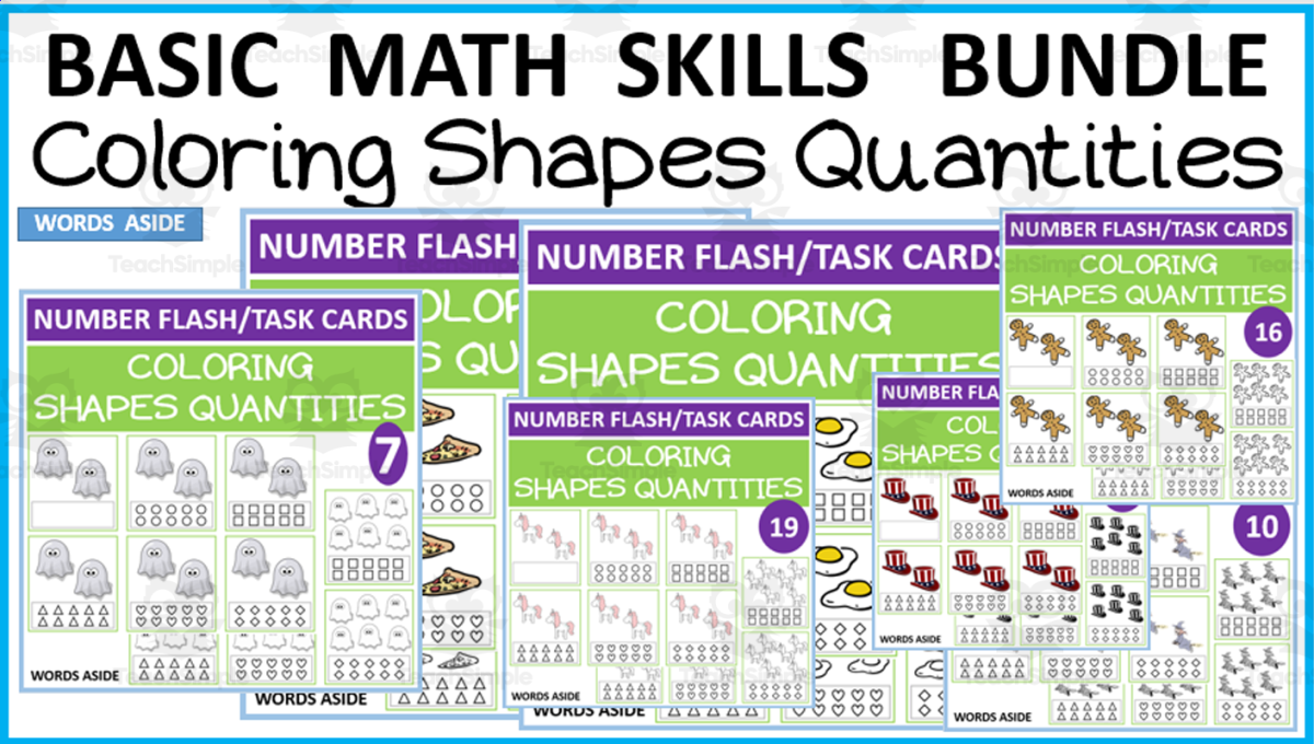 An educational teaching resource from WORDS ASIDE entitled COUNTING SHAPES COLORING TASK CARDS BUNDLE downloadable at Teach Simple.