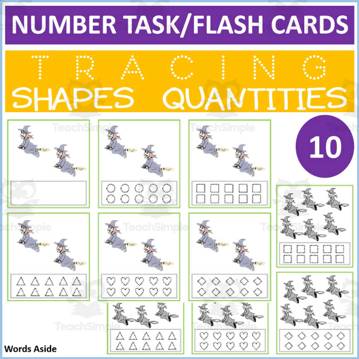 An educational teaching resource from WORDS ASIDE entitled COUNTING SHAPES TRACING TASK CARDS 10 downloadable at Teach Simple.