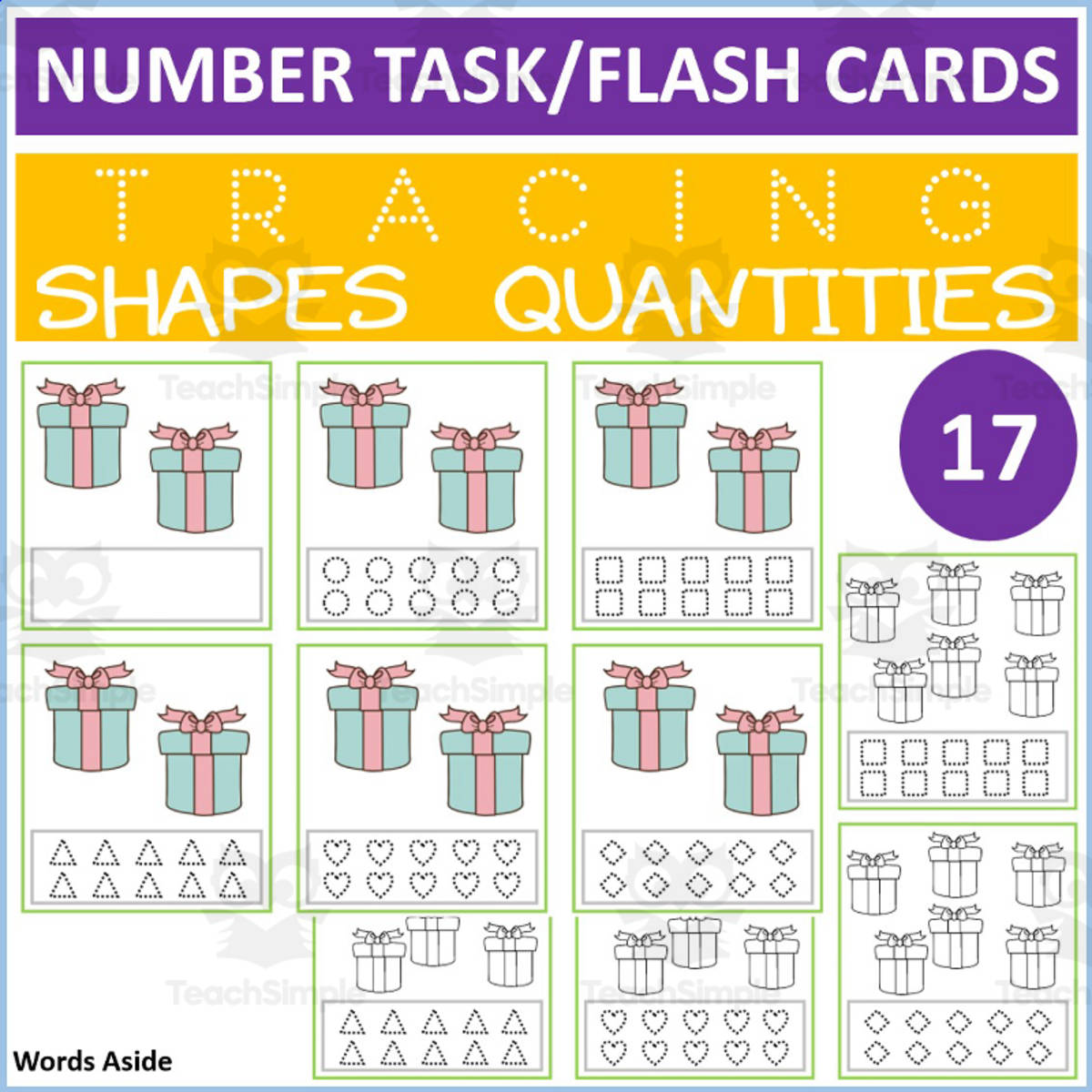 An educational teaching resource from WORDS ASIDE entitled COUNTING SHAPES TRACING TASK CARDS 17 downloadable at Teach Simple.