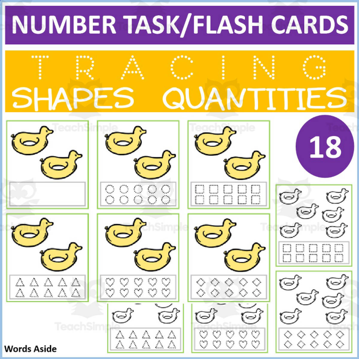 An educational teaching resource from WORDS ASIDE entitled COUNTING SHAPES TRACING TASK CARDS 18 downloadable at Teach Simple.