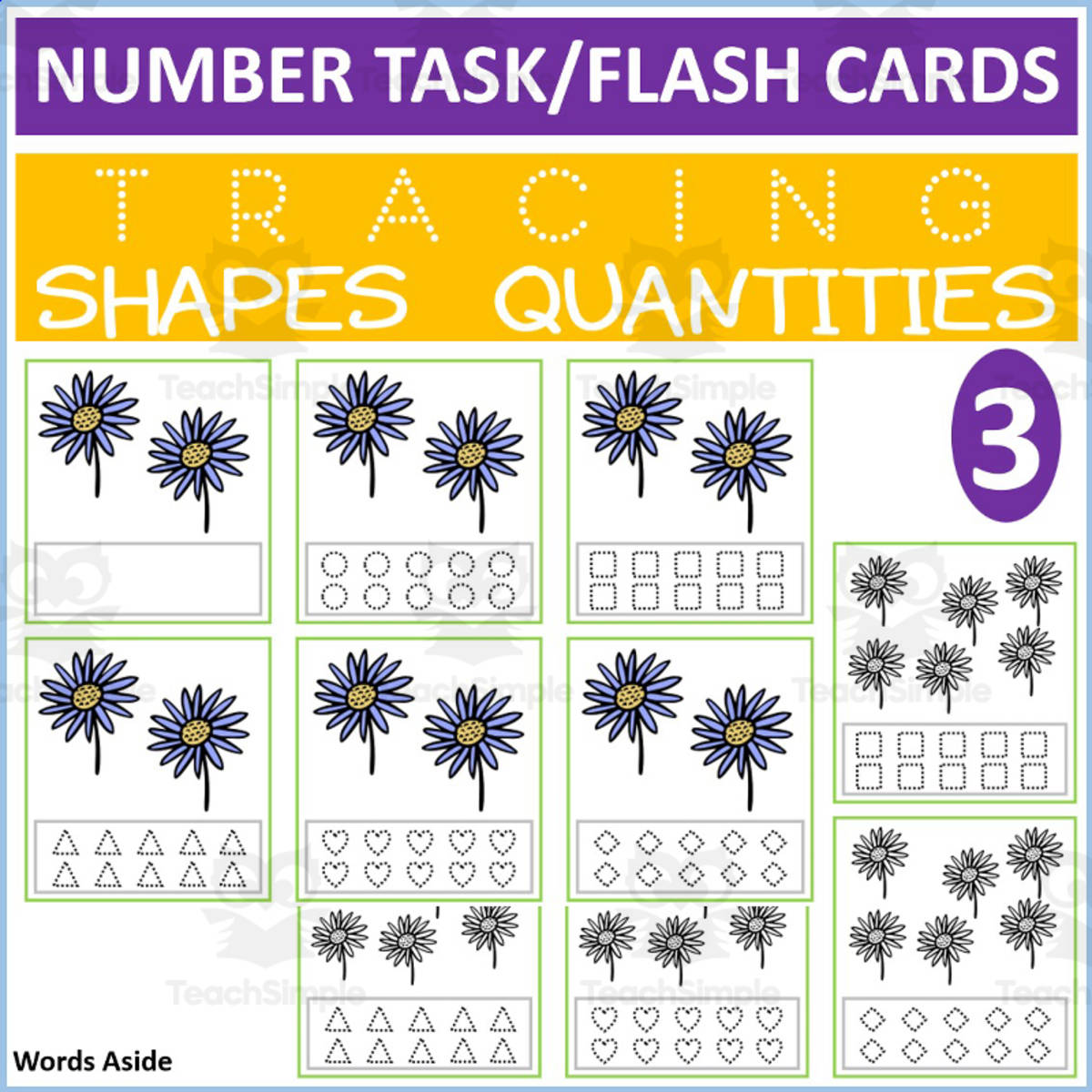 An educational teaching resource from WORDS ASIDE entitled COUNTING SHAPES TRACING TASK CARDS 3 downloadable at Teach Simple.
