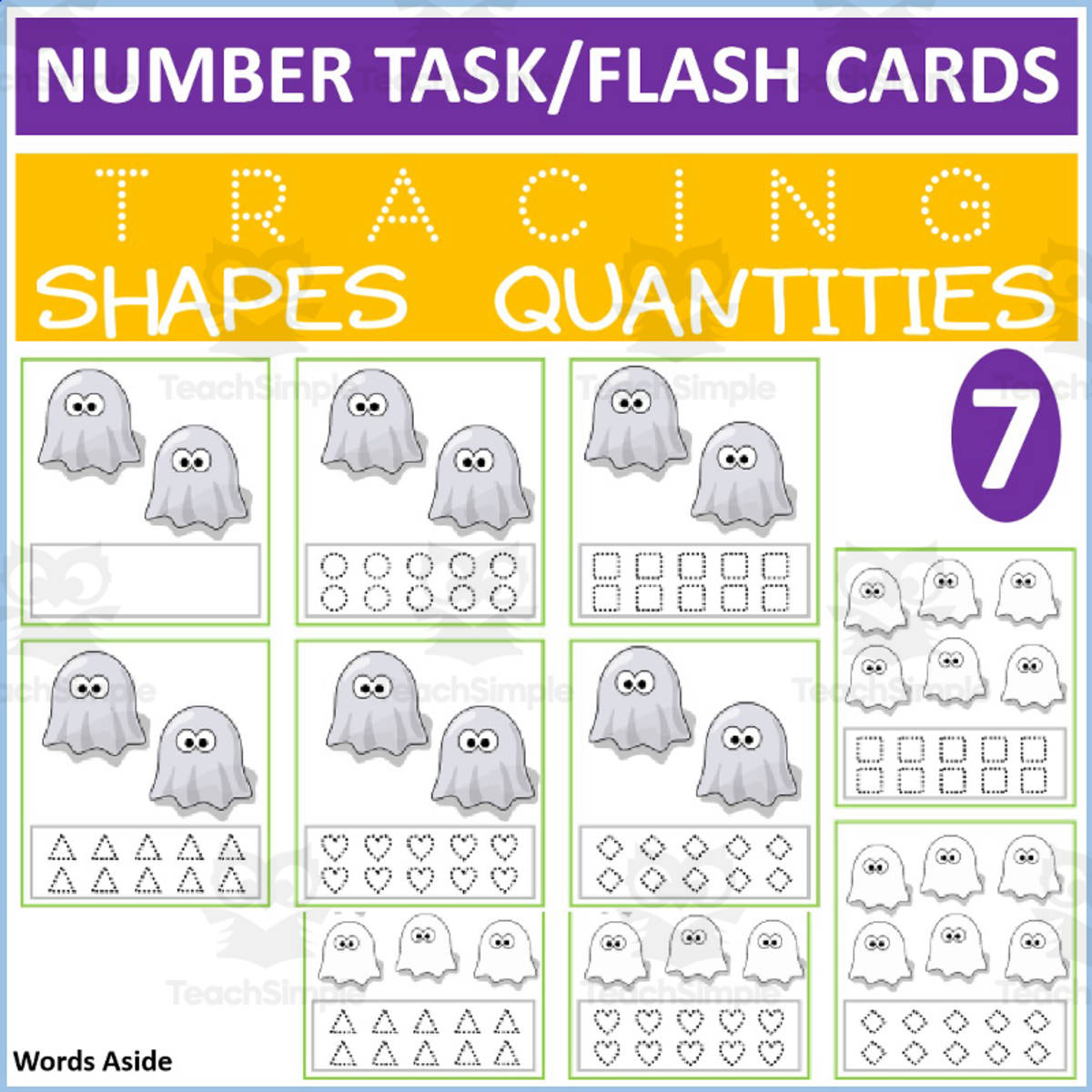 An educational teaching resource from WORDS ASIDE entitled COUNTING SHAPES TRACING TASK CARDS 7 downloadable at Teach Simple.