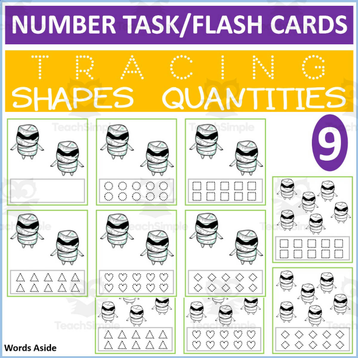 An educational teaching resource from WORDS ASIDE entitled COUNTING SHAPES TRACING TASK CARDS 9 downloadable at Teach Simple.