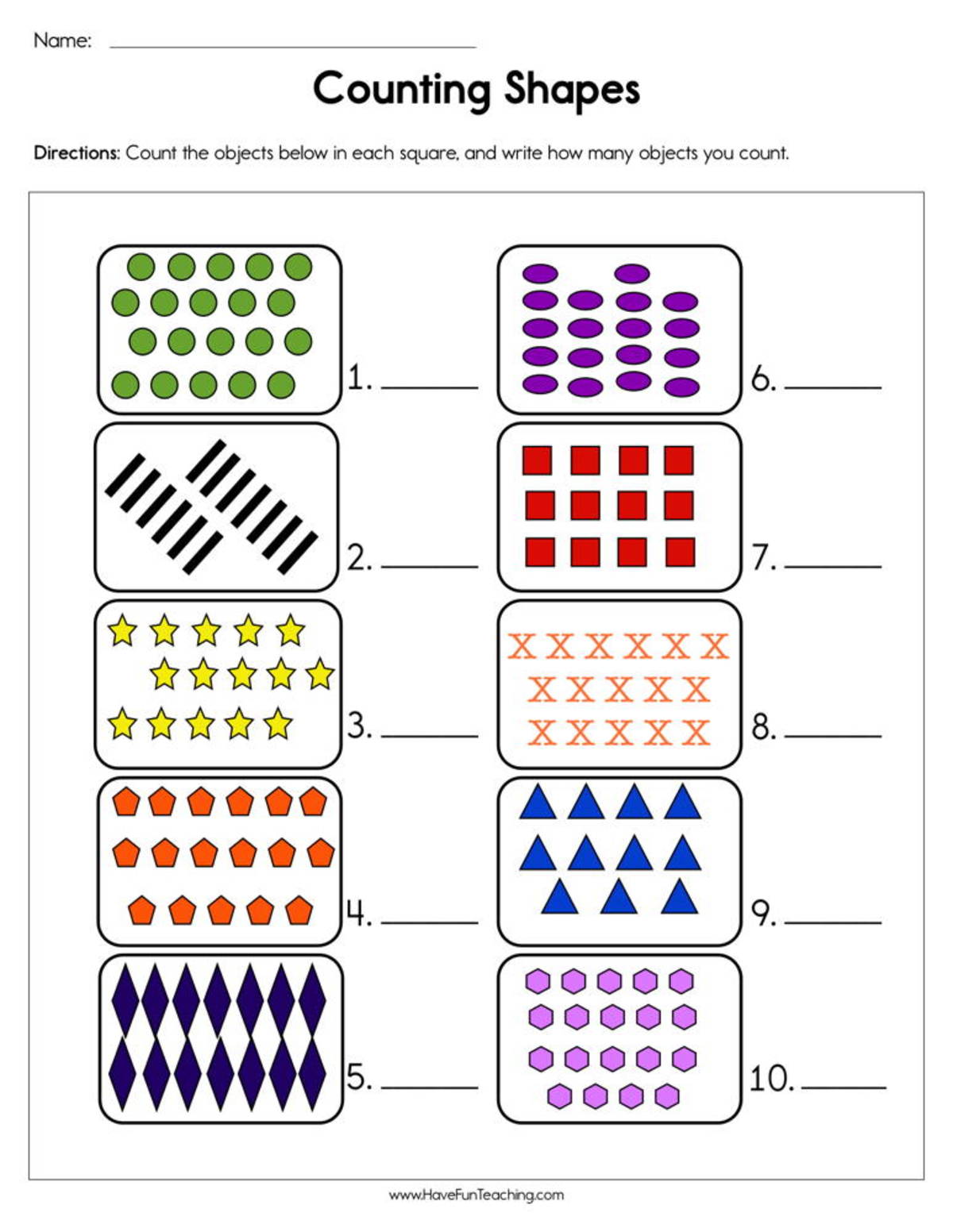 An educational teaching resource from Have Fun Teaching entitled Counting Shapes Worksheet downloadable at Teach Simple.