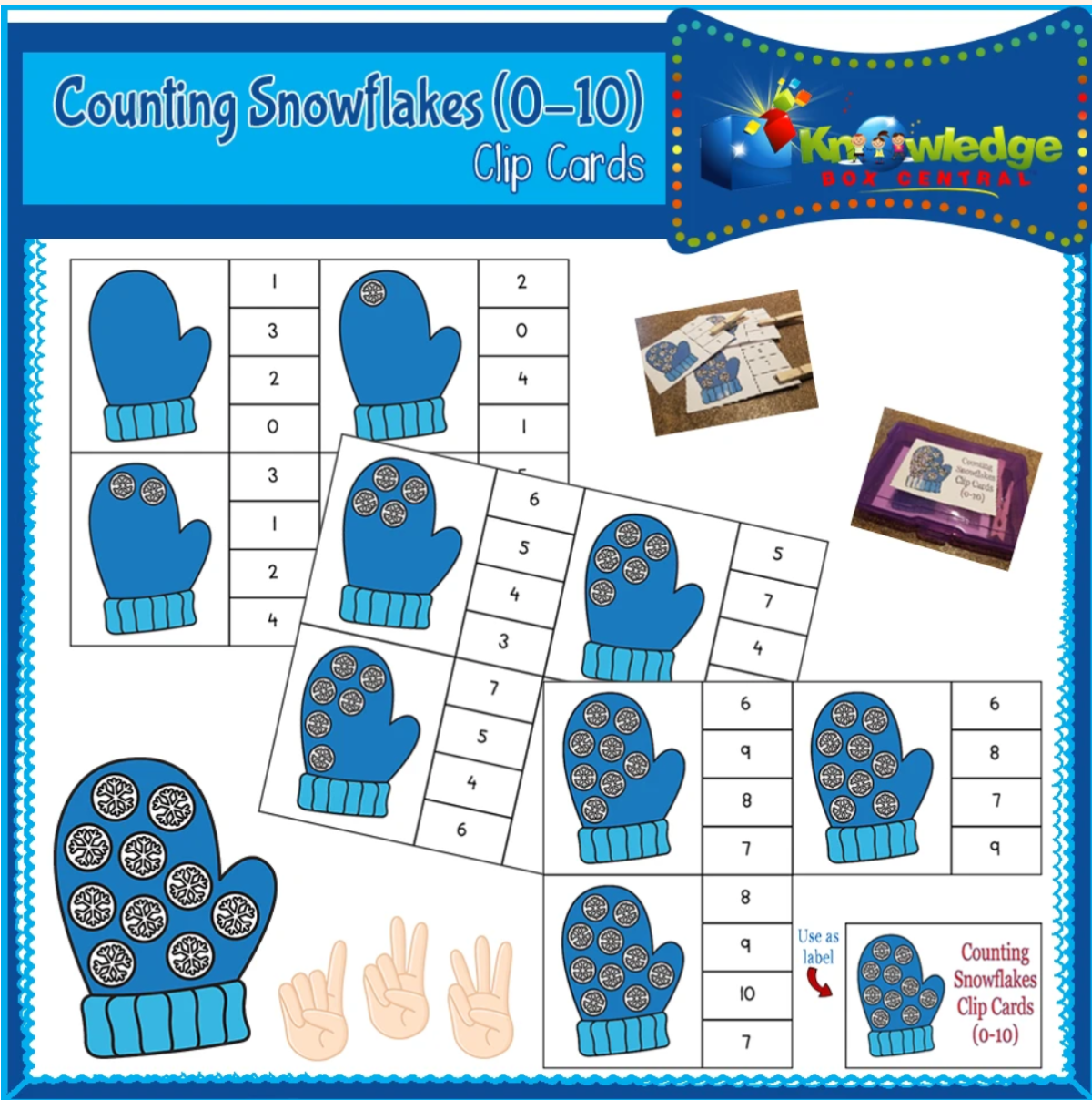 An educational teaching resource from Knowledge Box Central entitled Counting Snowflakes Clip Cards (0-10) - EBOOK downloadable at Teach Simple.