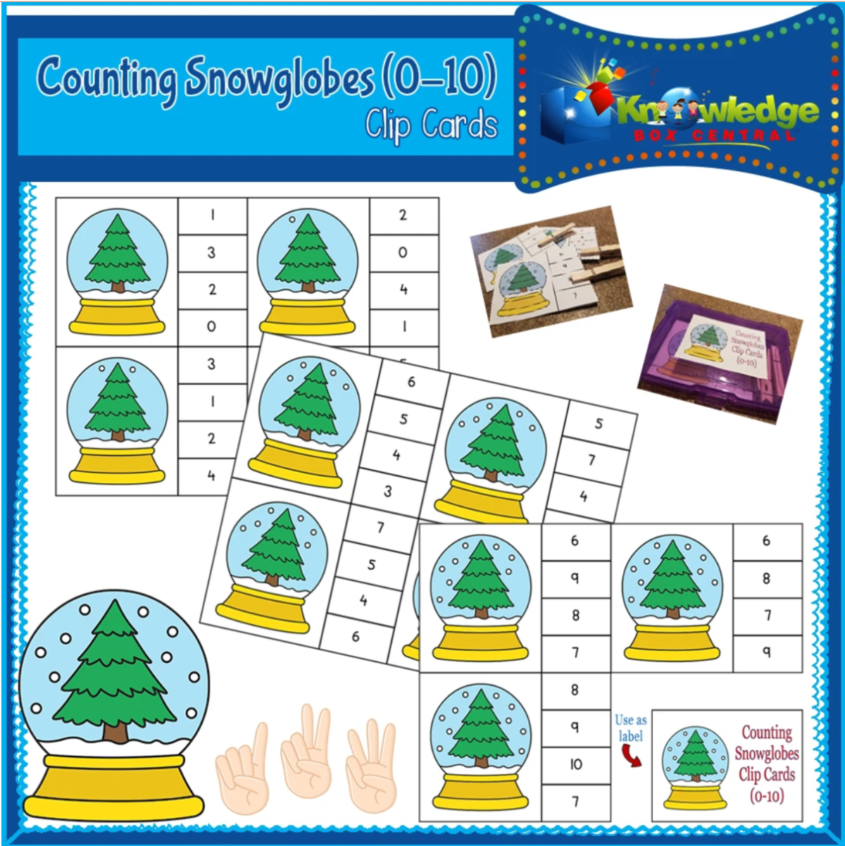 An educational teaching resource from Knowledge Box Central entitled Counting Snowglobes Clip Cards (0-10) - EBOOK downloadable at Teach Simple.