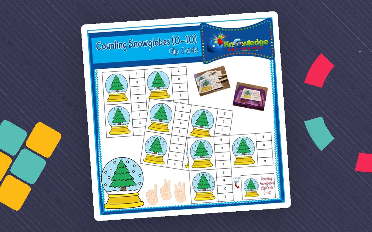 An educational teaching resource from Knowledge Box Central entitled Counting Snowglobes Clip Cards (0-10) - EBOOK downloadable at Teach Simple.