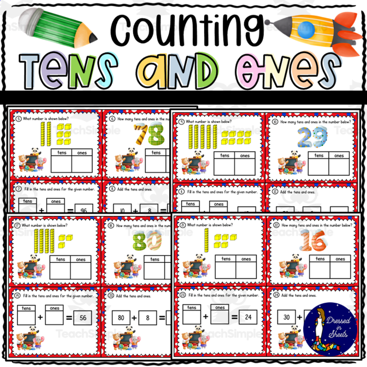 An educational teaching resource from Soumara Siddiqui entitled Counting Tens and Ones Task Cards downloadable at Teach Simple.