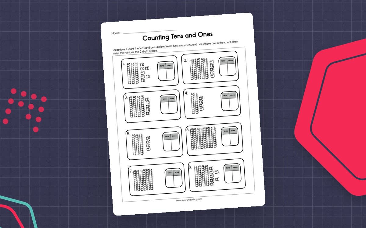 An educational teaching resource from Have Fun Teaching entitled Counting Tens and Ones Worksheet downloadable at Teach Simple.