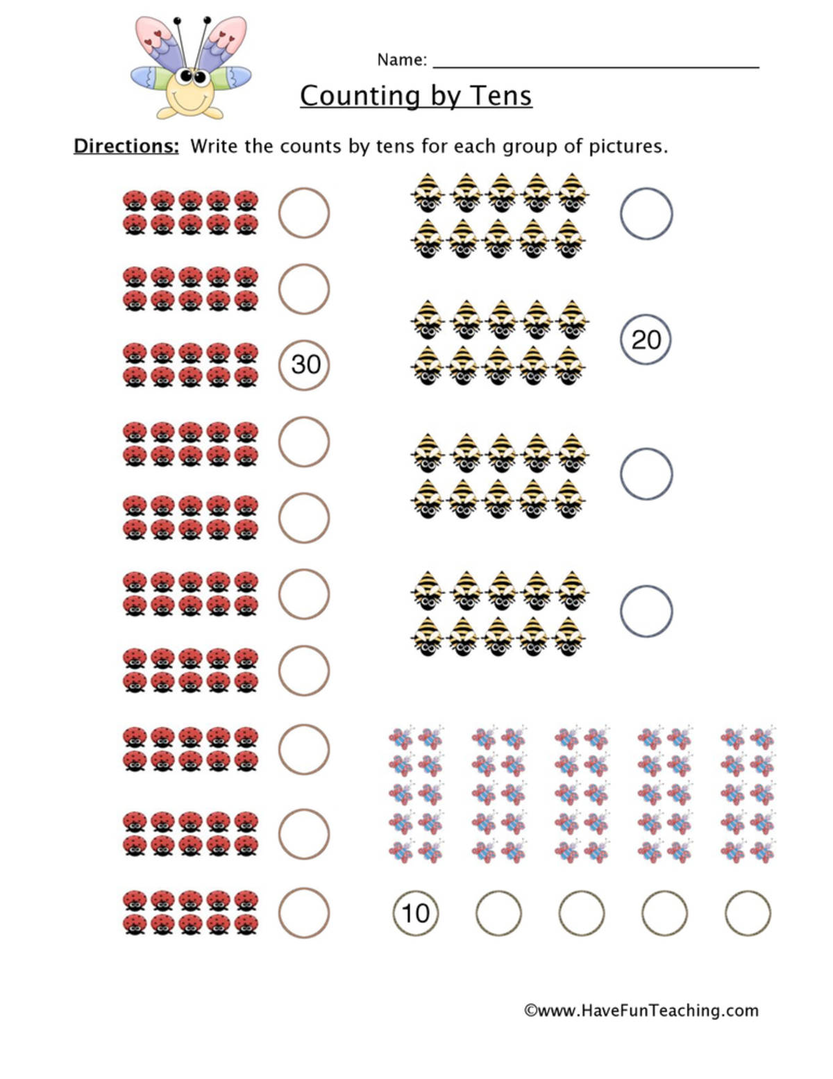 An educational teaching resource from Have Fun Teaching entitled Counting Tens Worksheet downloadable at Teach Simple.
