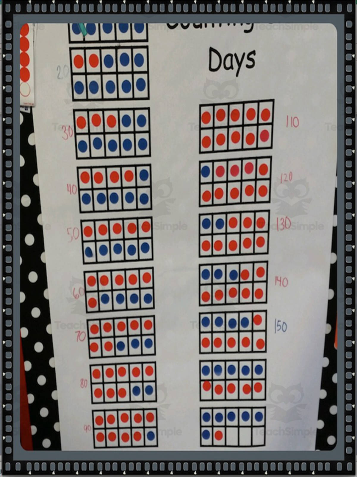 An educational teaching resource from First in Line entitled Counting the Days of School Ten Frame Charts downloadable at Teach Simple.