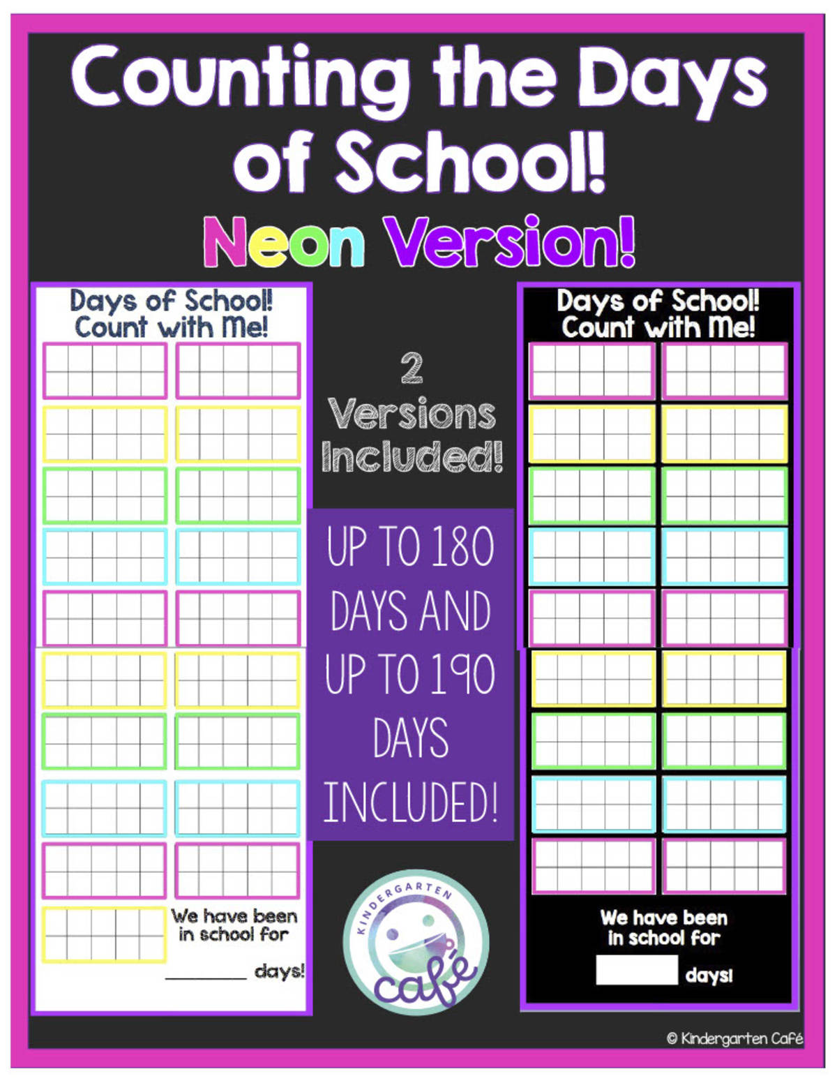 An educational teaching resource from Kindergarten Cafe entitled Counting the Days of School | Ten Frame Counters | Math Counting Activity - Neon Version downloadable at Teach Simple.
