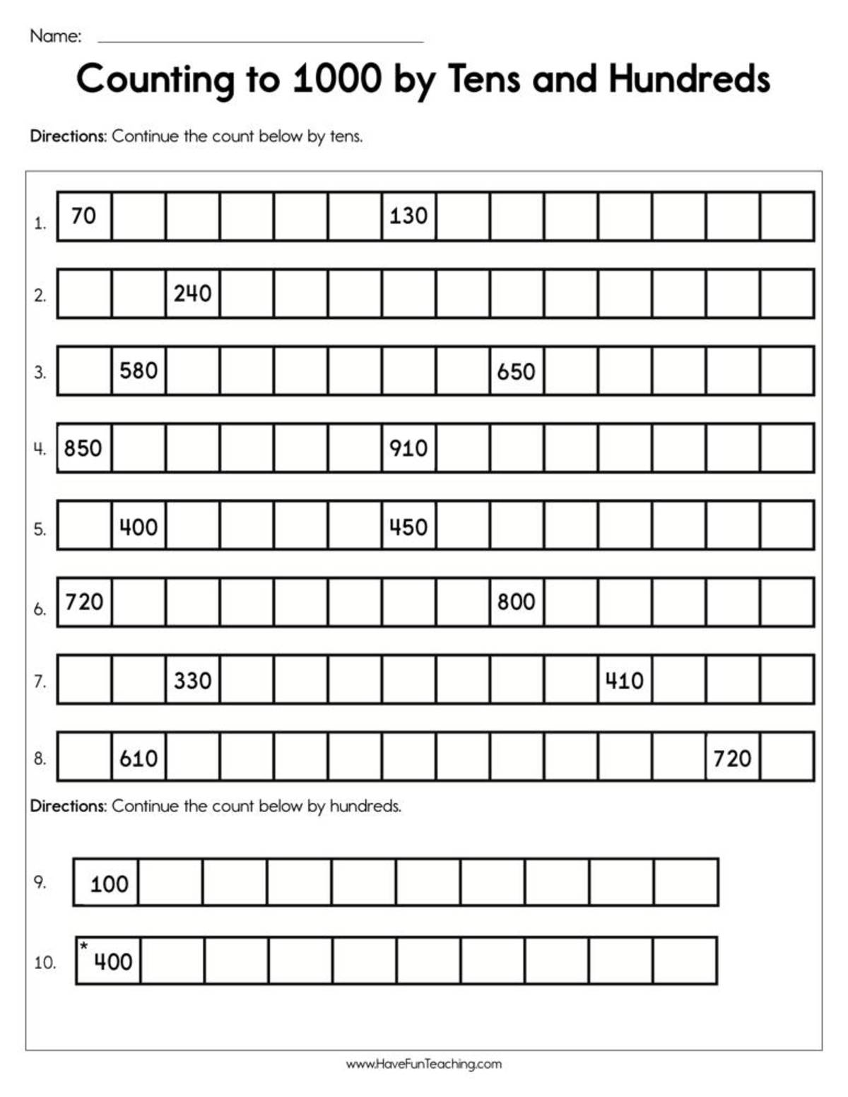 An educational teaching resource from Have Fun Teaching entitled Counting to 1000 by Tens and Hundreds Worksheet downloadable at Teach Simple.