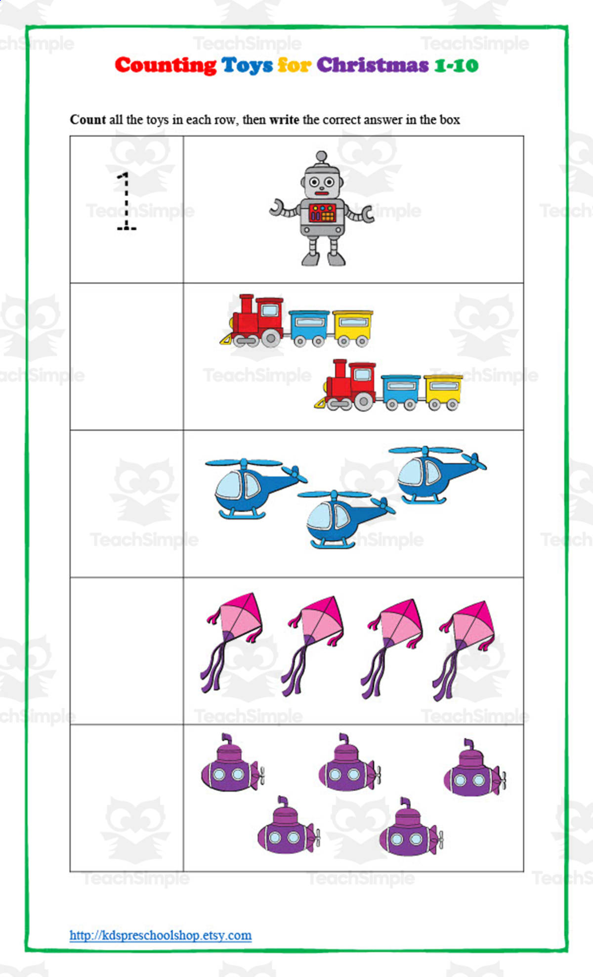 An educational teaching resource from KD's Kids School Shop entitled Counting Toys for Christmas downloadable at Teach Simple.