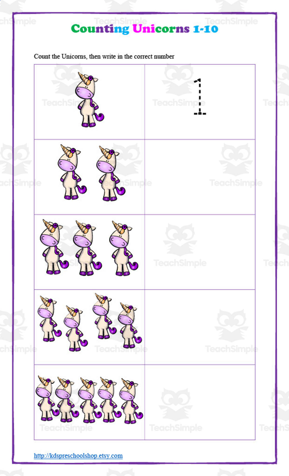 An educational teaching resource from KD's Kids School Shop entitled Counting Unicorns 1-10 downloadable at Teach Simple.
