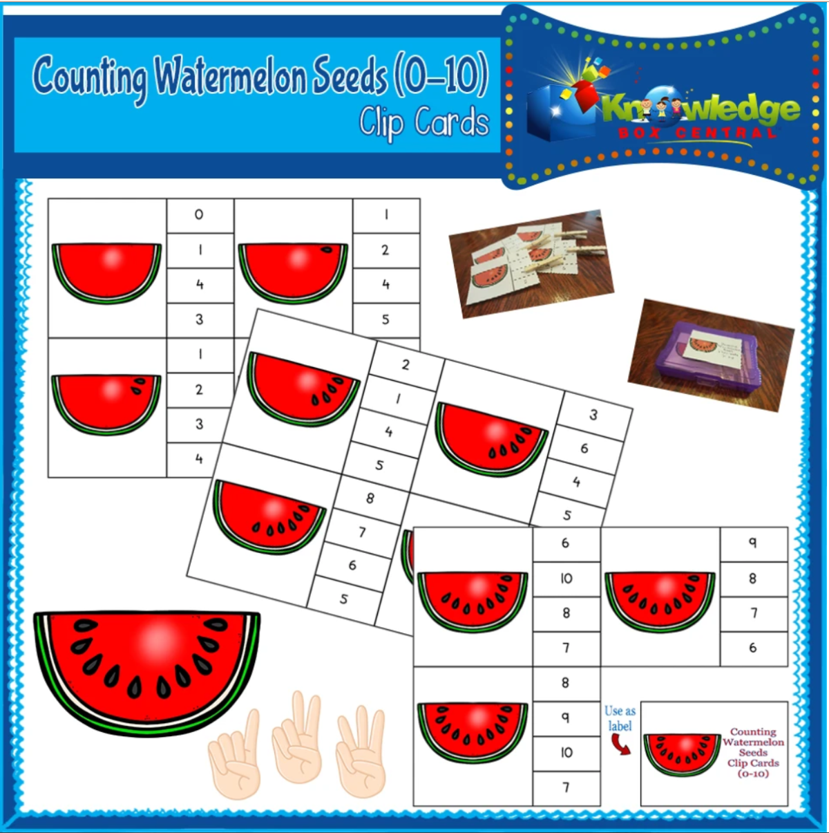 An educational teaching resource from Knowledge Box Central entitled Counting Watermelon Seeds Clip Cards (0-10) - EBOOK downloadable at Teach Simple.