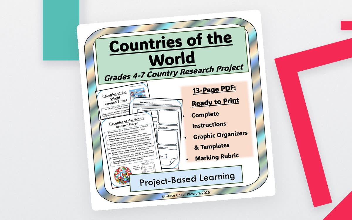 An educational teaching resource from Grace Under Pressure entitled Countries of the World: Country Research Project 4th 5th 6th 7th Grade downloadable at Teach Simple.