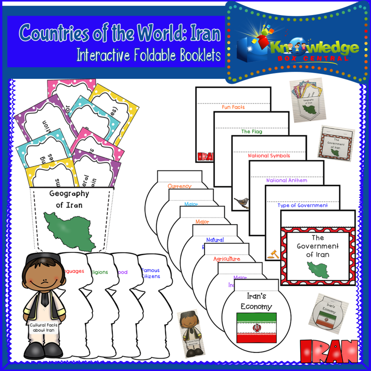 An educational teaching resource from Knowledge Box Central entitled Countries of the World: Iran Interactive Foldable Booklets - EBOOK downloadable at Teach Simple.