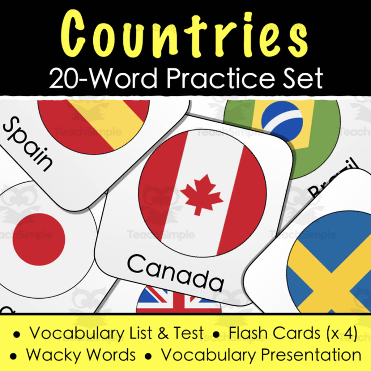 An educational teaching resource from Tom's Talk entitled Countries Vocabulary - Digital Activities, Word List & Quiz + 4 Flashcard Sets downloadable at Teach Simple.