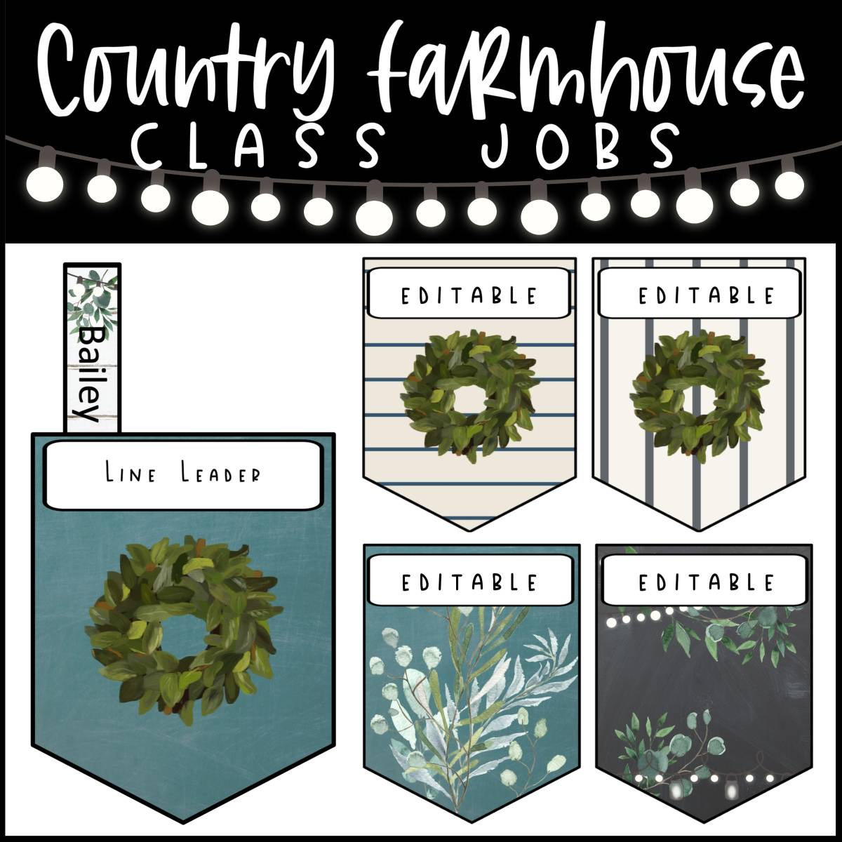 An educational teaching resource from The Simplistic Teacher entitled Country Farmhouse Class Jobs-Editable downloadable at Teach Simple.