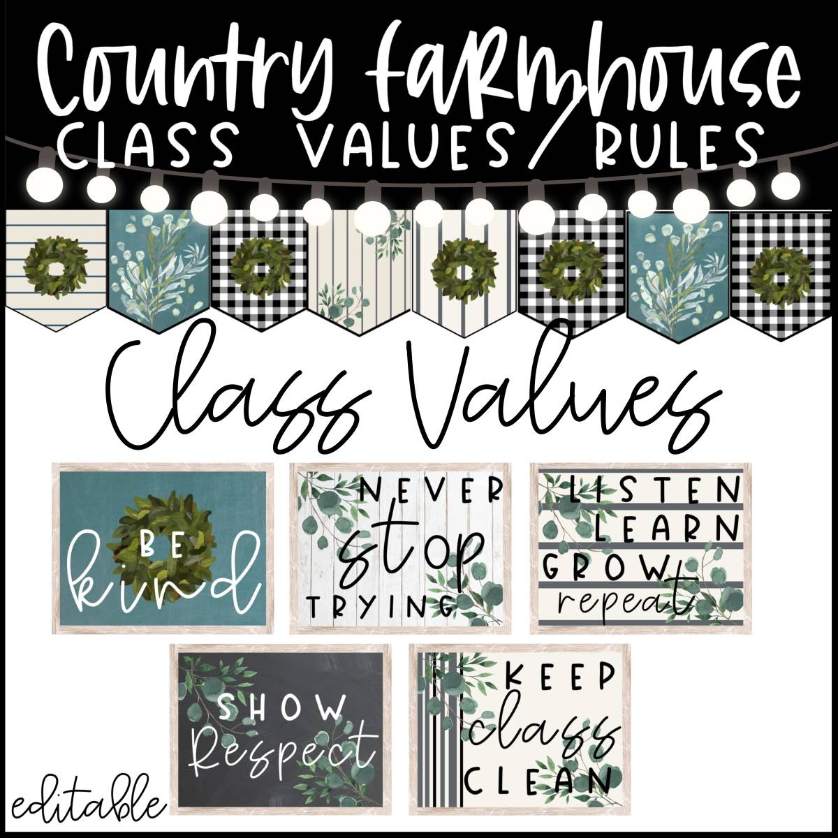 An educational teaching resource from The Simplistic Teacher entitled Country Farmhouse Class Values Rules-Editable downloadable at Teach Simple.