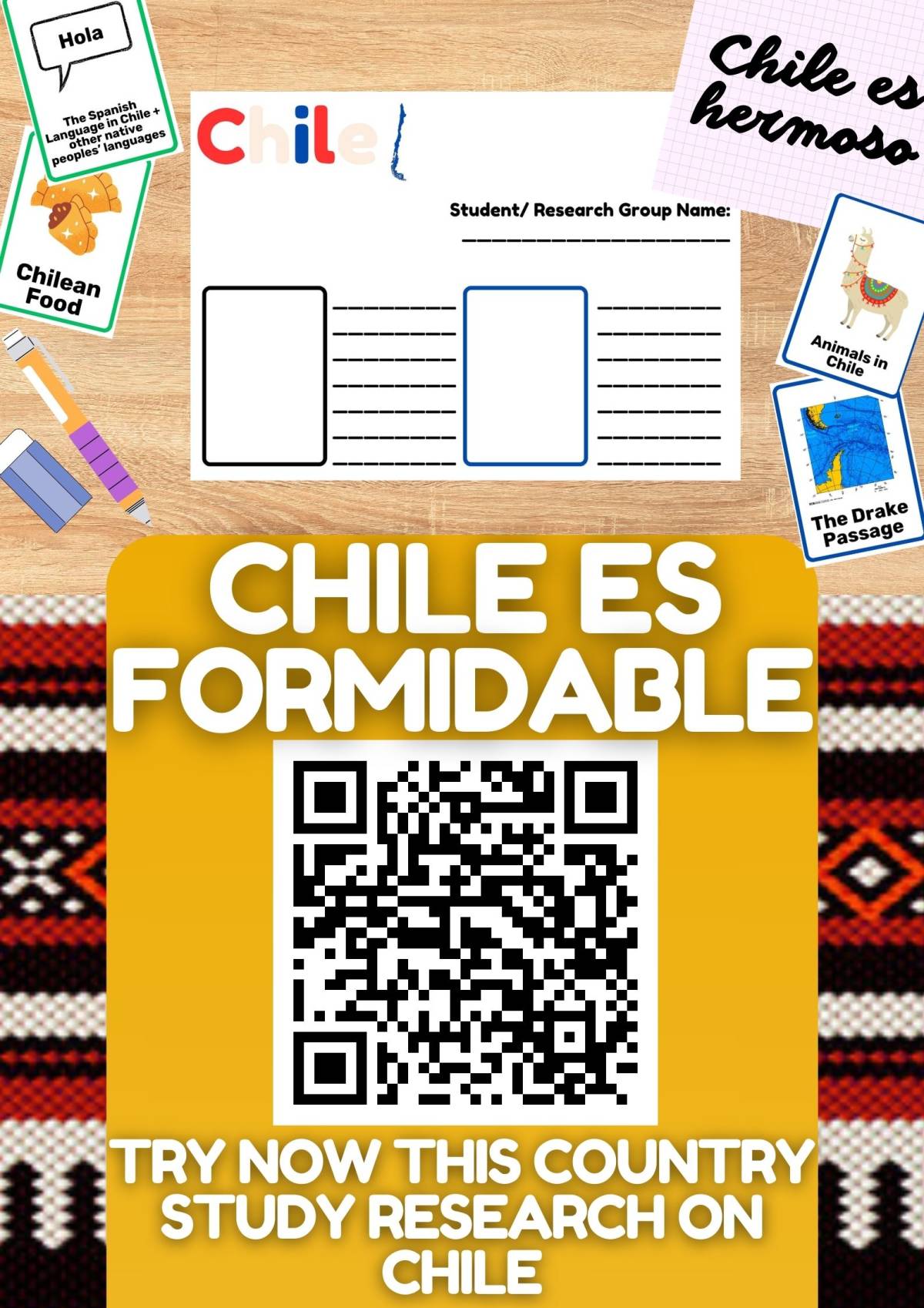An educational teaching resource from Learning with Alan entitled Country Study on Chile Research Project - Worksheet + Cards Printable downloadable at Teach Simple.