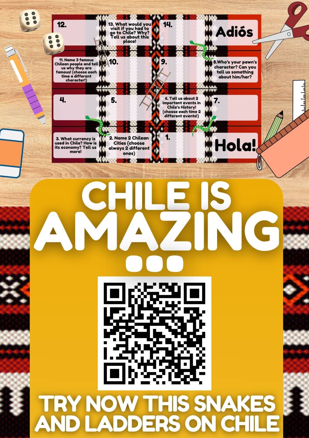 An educational teaching resource from Learning with Alan entitled Country Study on Chile - Snakes and Ladders Board game PDF downloadable at Teach Simple.