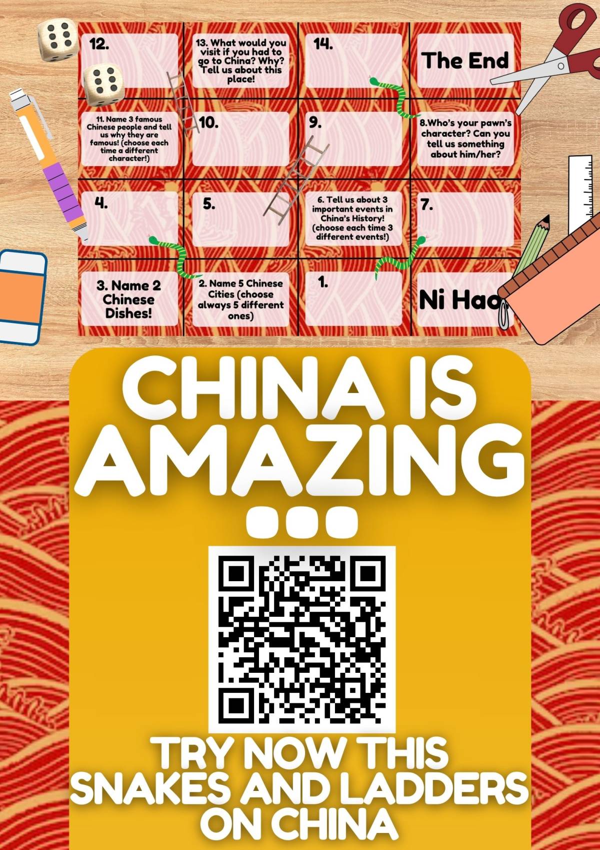 An educational teaching resource from Learning with Alan entitled Country Study on China - Snakes and Ladders Board Game PDF Printable downloadable at Teach Simple.