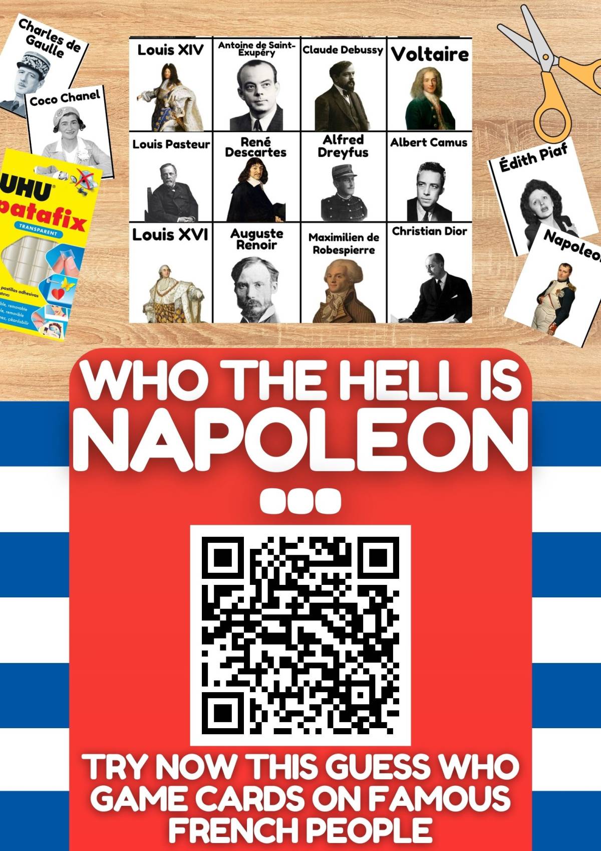 An educational teaching resource from Learning with Alan entitled Country Study on France - Guess Who Game Cards on Famous French People downloadable at Teach Simple.