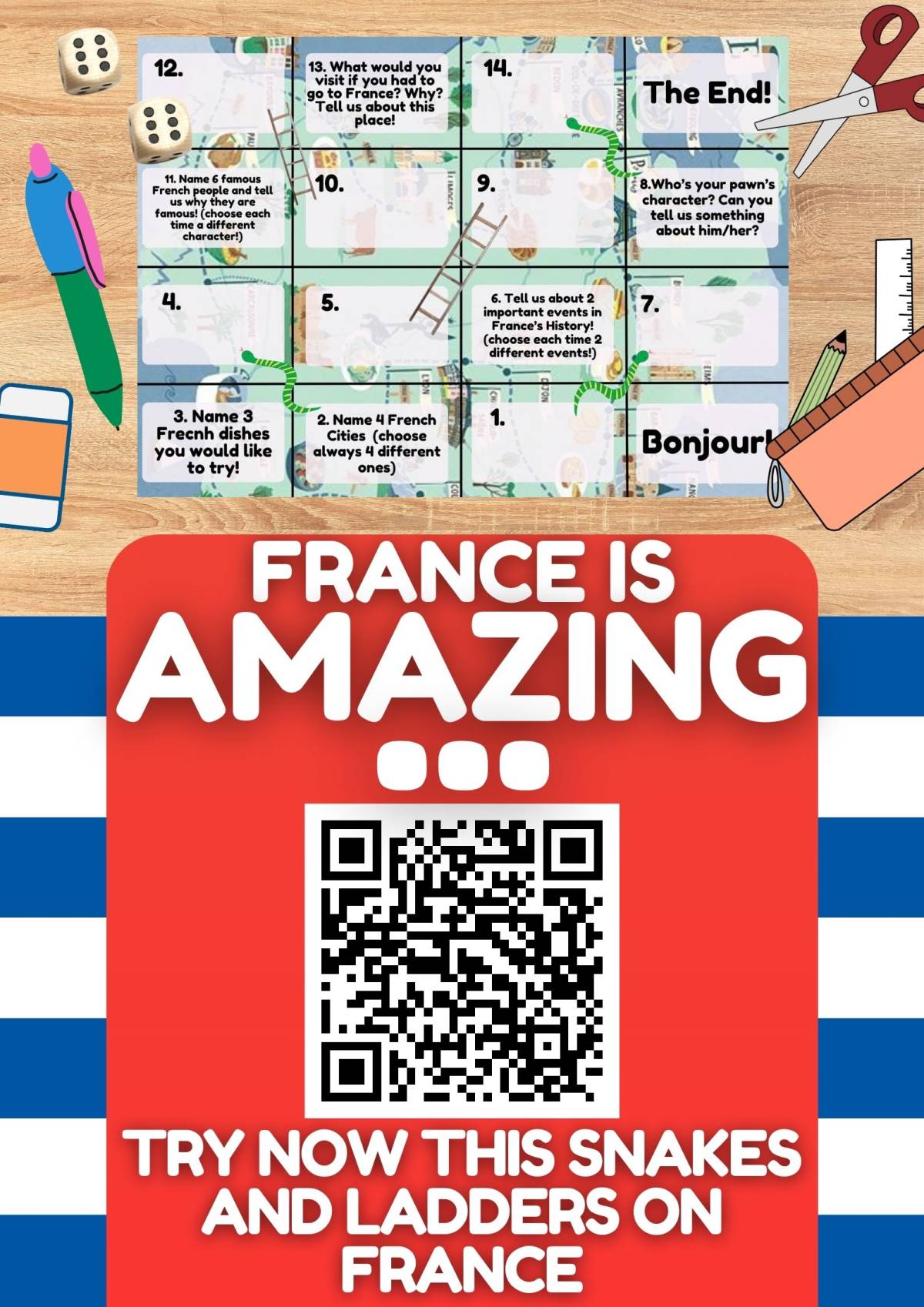 An educational teaching resource from Learning with Alan entitled Country Study on France Snakes and Ladders Board Game PDF Printable downloadable at Teach Simple.