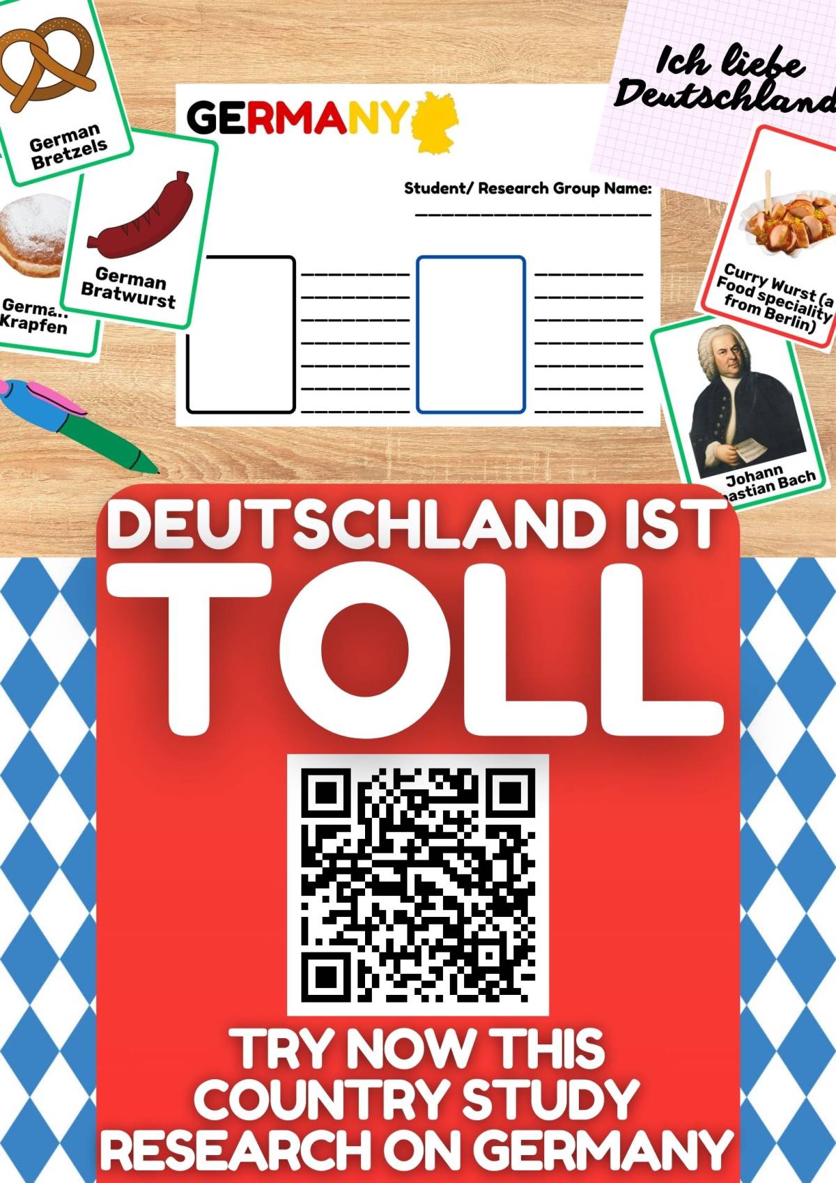 An educational teaching resource from Learning with Alan entitled Country Study on Germany - Research Project + Cards + Worksheets downloadable at Teach Simple.