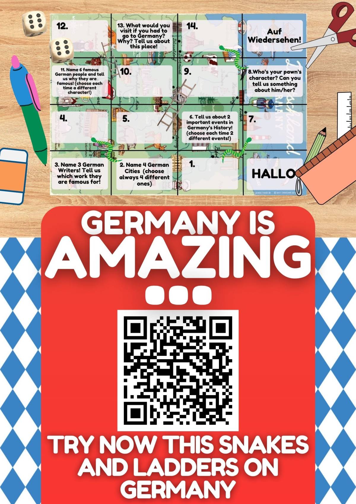 An educational teaching resource from Learning with Alan entitled Country Study on Germany Snakes and Ladders Board Game PDF Printable downloadable at Teach Simple.