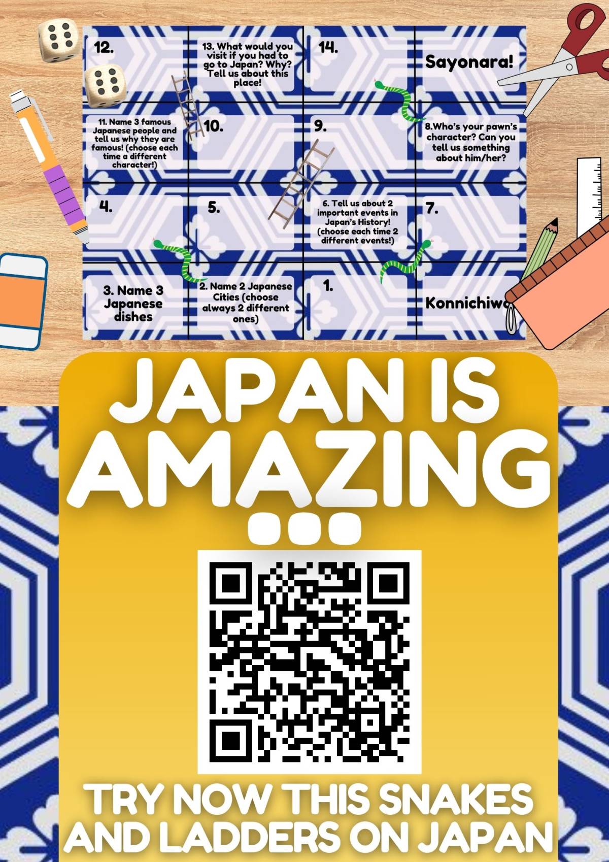 An educational teaching resource from Learning with Alan entitled Country Study on Japan - Snakes and Ladders Board Game PDF downloadable at Teach Simple.
