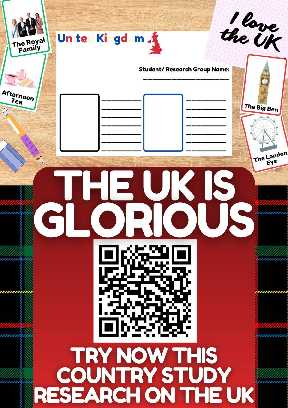 An educational teaching resource from Learning with Alan entitled Country Study on the United Kingdom -  Project - Worksheet + Cards downloadable at Teach Simple.