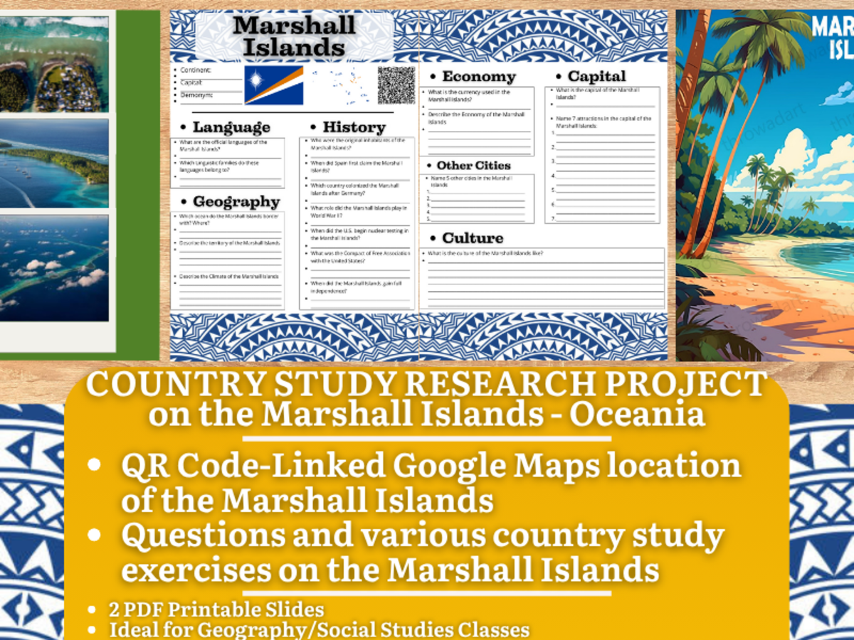 An educational teaching resource from Learning with Alan entitled Country Study Research Project - Marshall Islands - Oceania downloadable at Teach Simple.