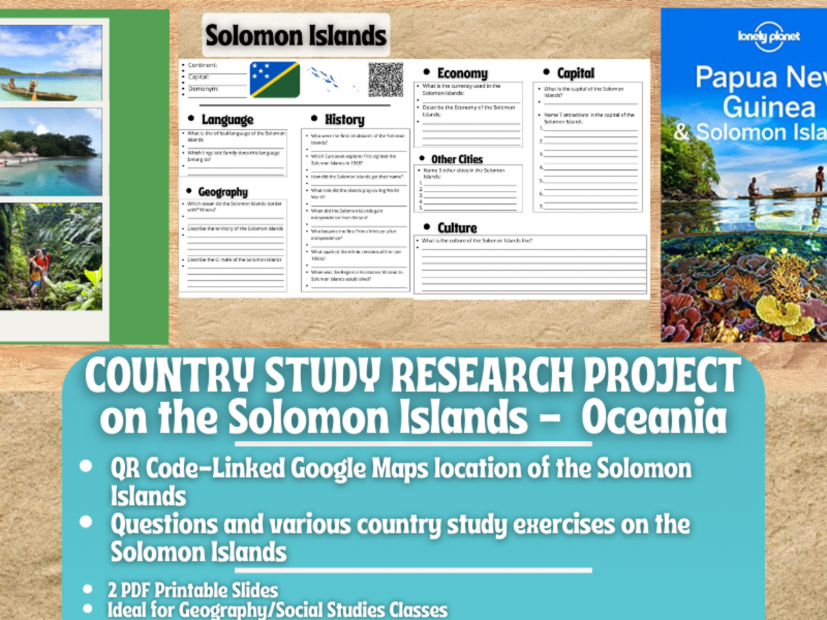 An educational teaching resource from Learning with Alan entitled Country Study Research Project - Solomon Islands - Oceania downloadable at Teach Simple.