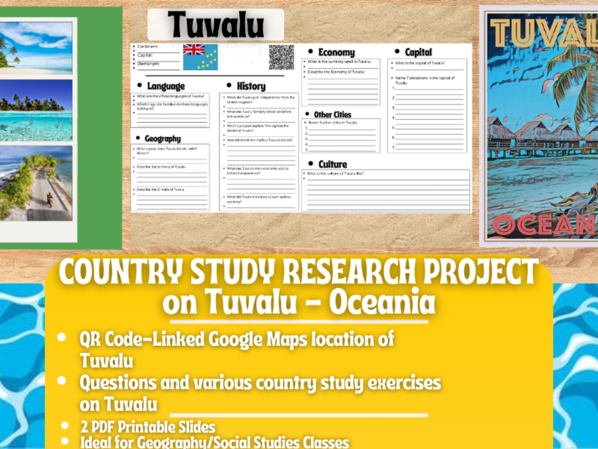 An educational teaching resource from Learning with Alan entitled Country Study Research Project - Tuvalu - Oceania downloadable at Teach Simple.