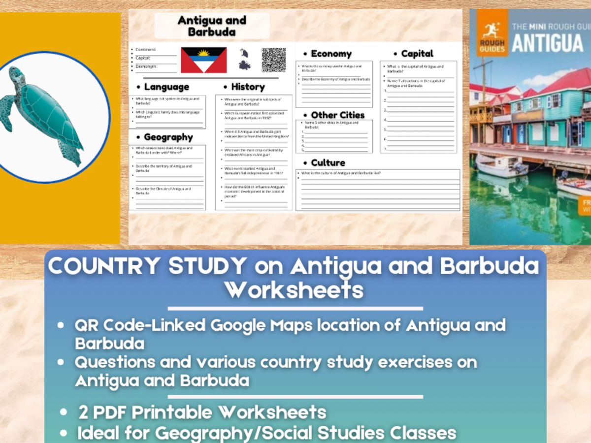 An educational teaching resource from Learning with Alan entitled Country Study Worksheets on Antigua and Barbuda - Caribbean downloadable at Teach Simple.