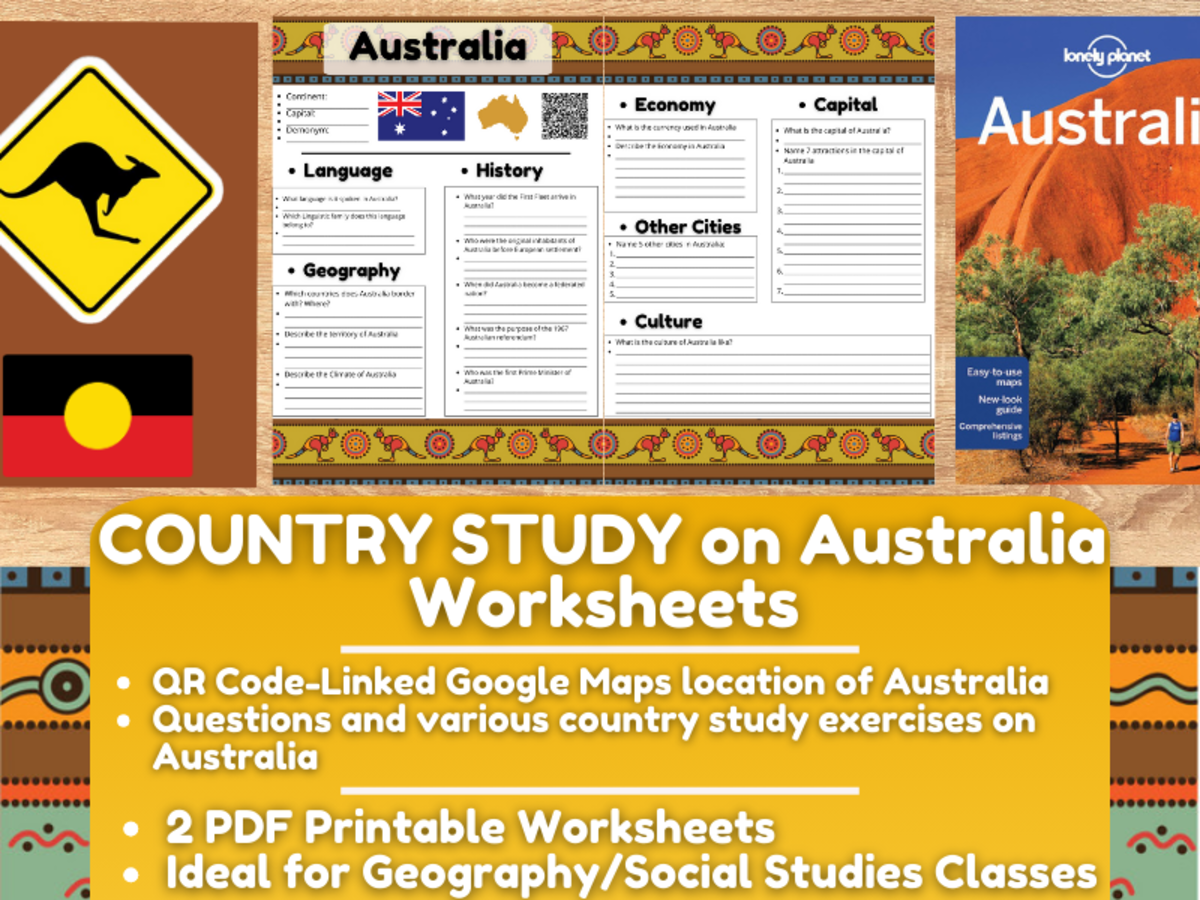 An educational teaching resource from Learning with Alan entitled Country Study Worksheets on Australia - Oceania downloadable at Teach Simple.