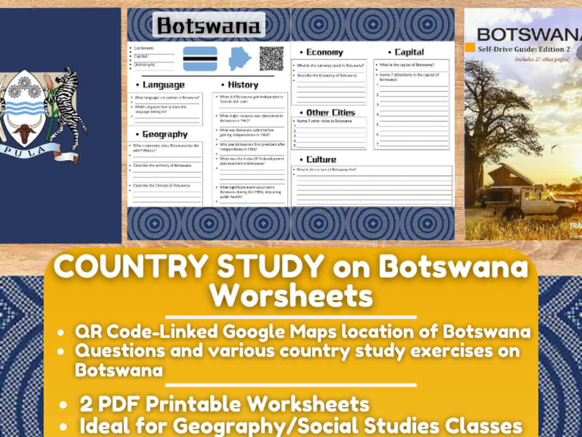 An educational teaching resource from Learning with Alan entitled Country Study Worksheets on Botswana - Africa downloadable at Teach Simple.